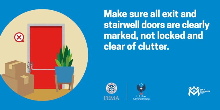 Illustration of a red door with a push bar, surrounded by boxes and a plant. A red "X" indicates an issue. Text: "Make sure all exit and stairwell doors are clearly marked, not locked and clear of clutter." Logos for FEMA, U.S. Fire Administration, and fire safety.