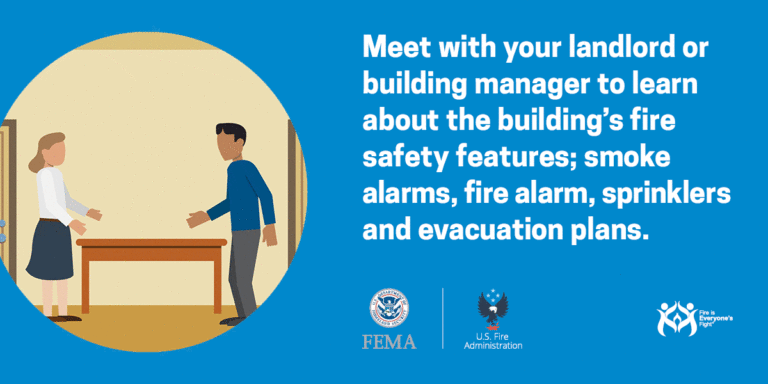 Illustration of two people meeting across a table, with text prompting a discussion on building fire safety features, such as smoke alarms, fire alarms, sprinklers, and evacuation plans. FEMA and U.S. Fire Administration logos are included.