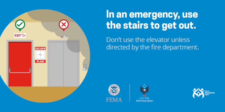 Illustration showing a red exit door on the left with a green check mark, and an elevator on the right with a red X. Text advises using the stairs, not the elevator, in an emergency. Includes FEMA, U.S. Fire Administration, and fire safety campaign logos.