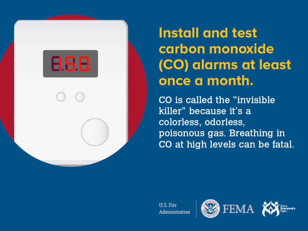 Image of a carbon monoxide alarm displaying "888" with text urging the installation and monthly testing of CO alarms. It warns that CO is an "invisible killer," being colorless, odorless, and poisonous. FEMA and U.S. Fire Administration logos included.