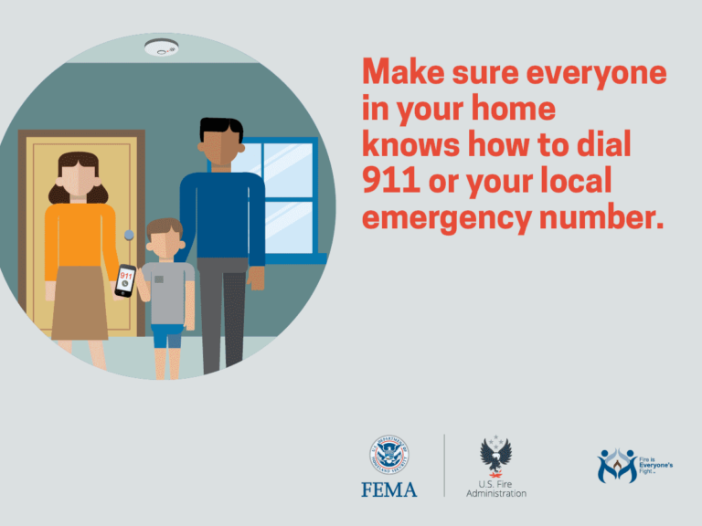 Illustration of a family with a woman, man, and child holding a phone displaying "911" near a window and door. Text emphasizes teaching everyone in the home to dial 911 or a local emergency number. Logos of FEMA, U.S. Fire Administration, and a safety campaign are included.