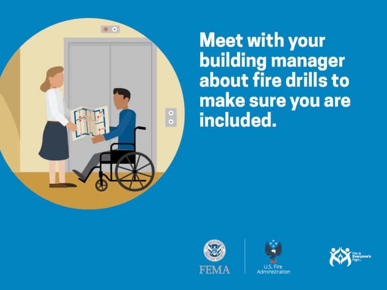 An illustration shows a person using a wheelchair talking to a building manager holding a floor plan by an elevator. Text reads, "Meet with your building manager about fire drills to make sure you are included." FEMA and US Fire Administration logos are present.