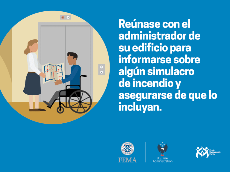 Illustration of a person in a wheelchair talking to a building administrator holding a map. Spanish text encourages meeting with the building administrator to ensure inclusion in fire drills. FEMA, U.S. Fire Administration logos are shown.
