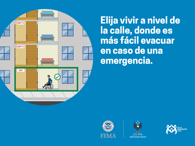 Illustration of a building with exits at each level. A person in a wheelchair is on the ground level, highlighted. Text in Spanish reads: "Choose to live at street level, where evacuating during an emergency is easier." FEMA logos included.