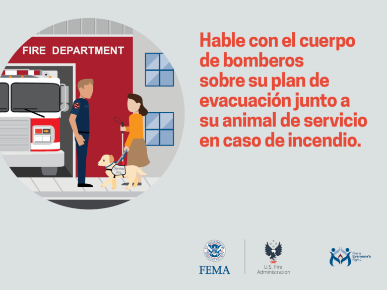 Illustration of a person with a guide dog speaking to a firefighter outside a fire department. Text in Spanish advises talking to firefighters about evacuation plans with service animals during fires. Logos of FEMA, U.S. Fire Administration, and Fire is Everyone’s Fight.