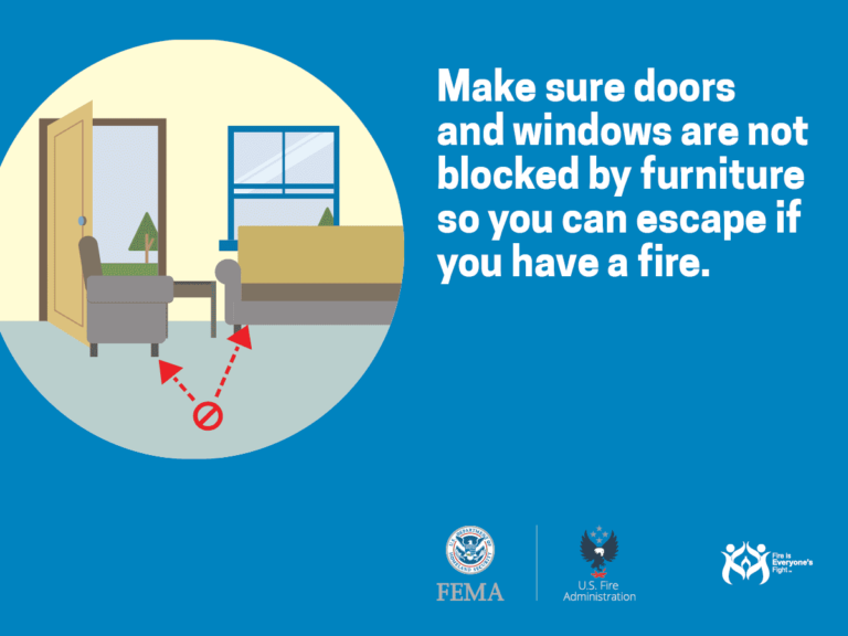 Illustration of a room with an open door and a window. A couch blocks the escape path marked by red arrows. Text reads: "Make sure doors and windows are not blocked by furniture so you can escape if you have a fire." FEMA and U.S. Fire Administration logos shown.