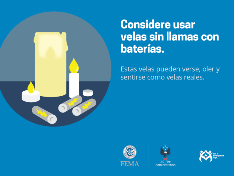 Illustration of battery-operated, flameless candles and their parts on a blue background. Spanish text suggests using flameless candles; logos of FEMA, U.S. Fire Administration, and a safety campaign are at the bottom.