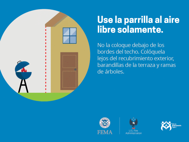 Illustration of a grill outside a house with a caution line showing safe distance from the roof. Text in Spanish advises using the grill outdoors, away from roof edges, sidings, railings, and tree branches. Includes logos of FEMA and U.S. Fire Administration.
