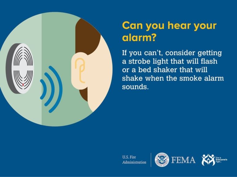 Illustration of a smoke alarm emitting sound waves towards an ear. Text advises using a strobe light or bed shaker for better alerting. Logos for U.S. Fire Administration, FEMA, and the Fire Prevention and Safety Grant are displayed below.