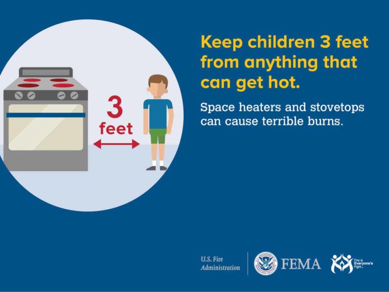 Illustration of a child standing 3 feet away from a stovetop. Text reads "Keep children 3 feet from anything that can get hot. Space heaters and stovetops can cause terrible burns." Logos of U.S. Fire Administration, FEMA, and Sesame Street are at the bottom.