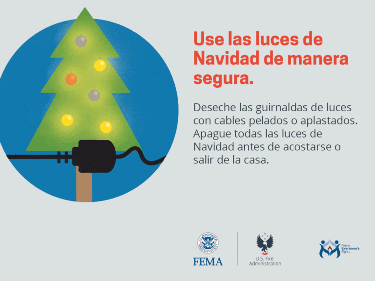 Illustration of a Christmas tree inside a blue circle with lights plugged into a black outlet. Text in Spanish advises safe use of Christmas lights. Logos at the bottom: FEMA, U.S. Fire Administration, and a safety campaign.