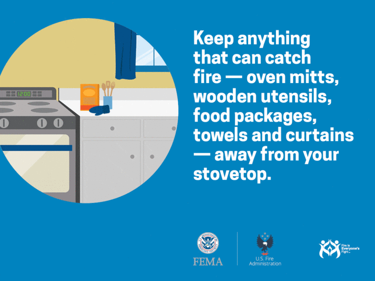 Illustration of a kitchen with a stove and counter. The text advises to keep flammable items like oven mitts, wooden utensils, food packages, towels, and curtains away from the stovetop. Includes FEMA and U.S. Fire Administration logos.