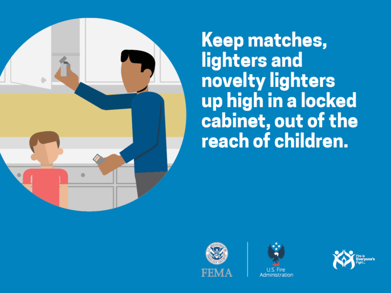 Illustration of an adult placing a matchbox in a high cabinet, with a child nearby. Text reads, "Keep matches, lighters and novelty lighters up high in a locked cabinet, out of the reach of children." FEMA and U.S. Fire Administration logos are visible.