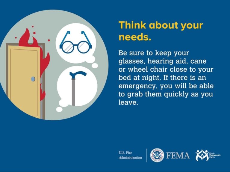Illustration of a door with flames, eyeglasses, and a cane. Text advises keeping essential items like glasses, hearing aids, canes, or wheelchairs near your bed for quick access during emergencies. Logos of U.S. Fire Administration and FEMA included.