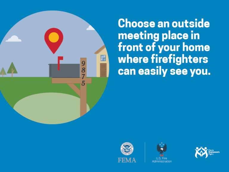 Illustration of a house, mailbox with a location pin, and trees on a blue background. Text reads: "Choose an outside meeting place in front of your home where firefighters can easily see you." Logos for FEMA and U.S. Fire Administration are at the bottom.
