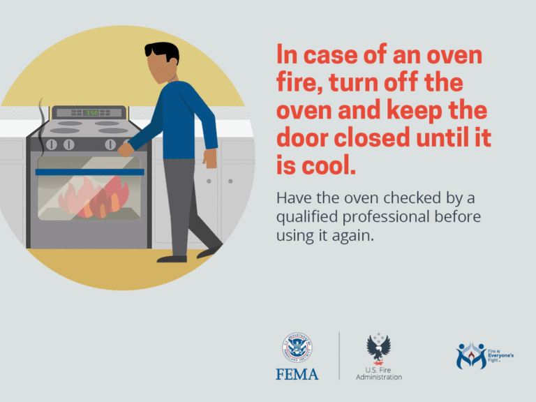 Illustration of a person turning off an oven with flames inside. Text advises to turn off the oven and keep the door closed until cool during an oven fire. Logos of FEMA, U.S. Fire Administration, and fire safety campaign are at the bottom.