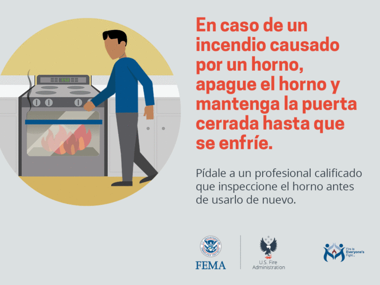 Illustration of a person next to a stove with a fire inside the oven. The text advises turning off the oven, keeping the door closed, and contacting a professional before reuse. Logos of FEMA and US Fire Administration are at the bottom.