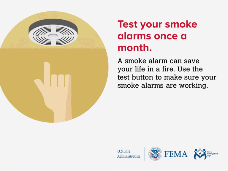 Illustration of a finger pressing the test button on a ceiling-mounted smoke alarm. Text reads: “Test your smoke alarms once a month. A smoke alarm can save your life in a fire. Use the test button to make sure your smoke alarms are working.” Logos: FEMA, U.S. Fire Administration.