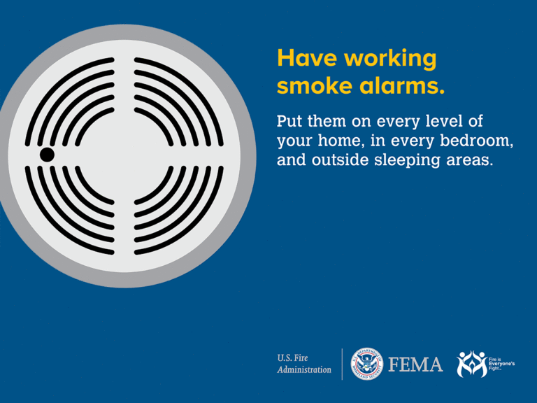 Illustration of a smoke alarm with the text: "Have working smoke alarms. Put them on every level of your home, in every bedroom, and outside sleeping areas." Logos of the U.S. Fire Administration, FEMA, and "Fire Is Everyone’s Fight" are displayed.