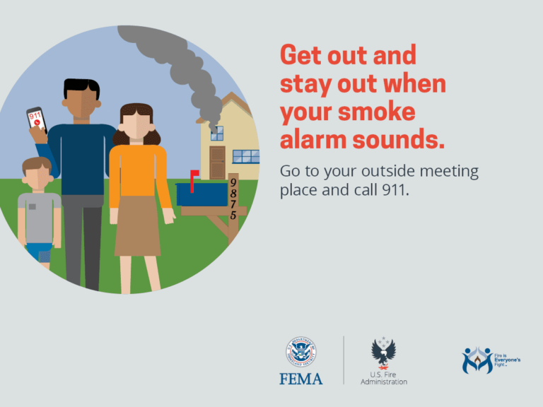 Illustration of a family outside a house with smoke. Text reads: "Get out and stay out when your smoke alarm sounds. Go to your outside meeting place and call 911." Logos for FEMA, U.S. Fire Administration, and Fire Prevention Week are shown.