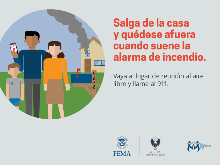 Illustration of a family outside their home with smoke coming from the chimney. Text advises to stay outside when the fire alarm sounds, go to the meeting point, and call 911. Logos of FEMA, U.S. Fire Administration, and Everyone's Responsibility are shown.