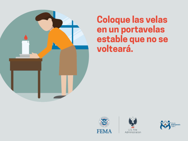 Illustration of a person placing a candle on a table. The text in Spanish advises using a stable candle holder. Logos of FEMA, U.S. Fire Administration, and Home Fire Sprinkler Coalition are at the bottom.