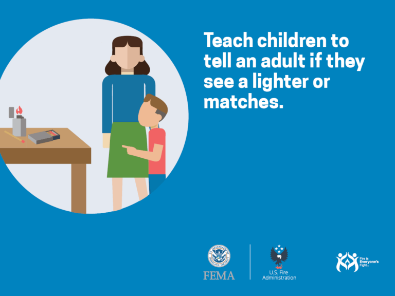 Illustration of a woman and child by a table with a lighter and matches. Text reads, "Teach children to tell an adult if they see a lighter or matches." Logos for FEMA, U.S. Fire Administration, and "Fire Is Everyone's Fight" are at the bottom.