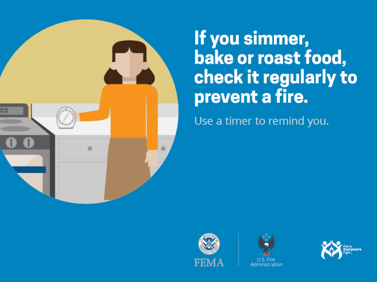 Illustration of a person in an orange shirt holding a timer in a kitchen. Text says, "If you simmer, bake or roast food, check it regularly to prevent a fire. Use a timer to remind you." Logos of FEMA, U.S. Fire Administration, and safety campaign present.