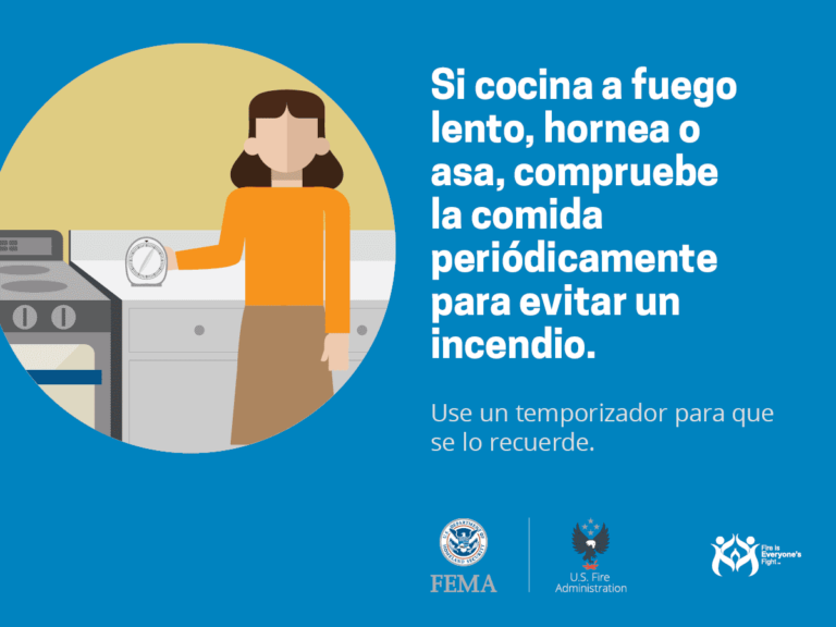 Illustration of a woman holding a timer near a stove. Text in Spanish advises checking food regularly when cooking to prevent fires and using a timer as a reminder. Logos of FEMA, U.S. Fire Administration, and a prevention group are shown.
