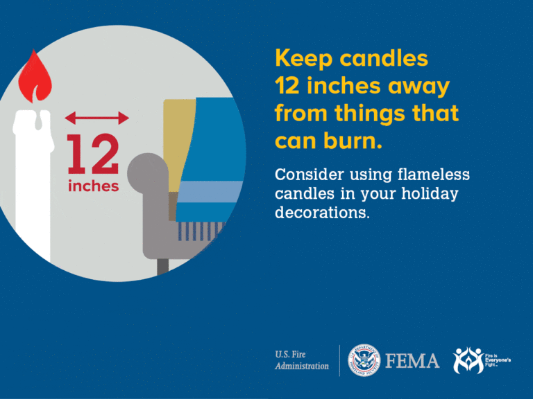 Illustration of a candle with a flame, showing it 12 inches away from a chair, with text advising to keep candles 12 inches away from flammable objects and to consider using flameless candles. Logos of U.S. Fire Administration and FEMA are at the bottom.