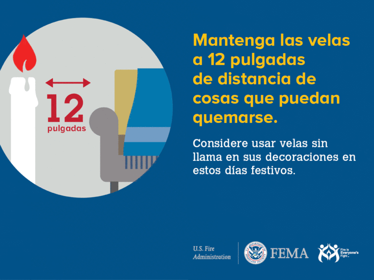 A diagram of a candle with a red flame shows it should be 12 inches away from flammable objects. The text in Spanish advises keeping candles distant from burnable items and suggests using flameless candles during festive occasions.