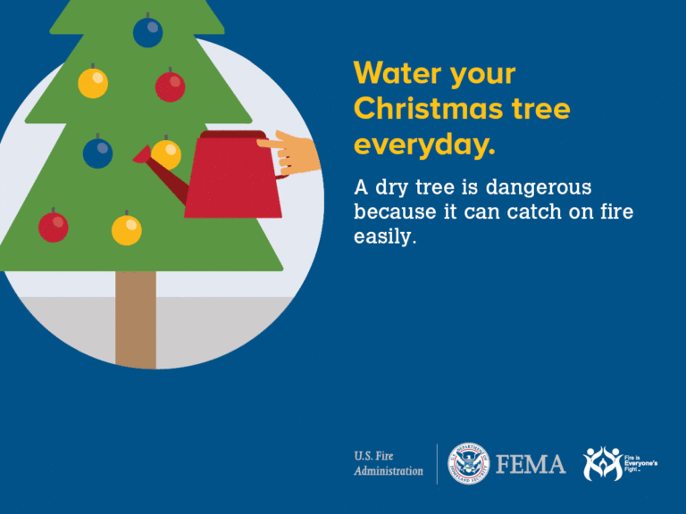 Illustrated Christmas tree with ornaments and a hand watering it. Text reads: "Water your Christmas tree everyday. A dry tree is dangerous because it can catch on fire easily." U.S. Fire Administration and FEMA logos are at the bottom.