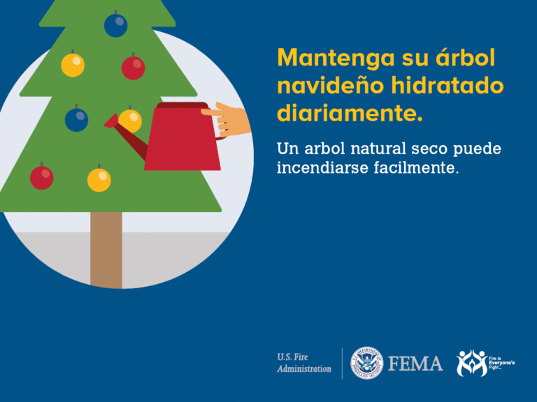 Illustration of a Christmas tree with ornaments and a hand watering it. Spanish text encourages keeping the tree hydrated to prevent fires. Includes logos of the U.S. Fire Administration and FEMA. Blue background.
