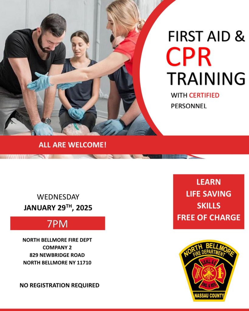 A group of individuals practicing CPR on mannequins under the guidance of a certified instructor. Text promotes free first aid and CPR training at North Bellmore Fire Dept on January 29, 2025, at 7 PM.