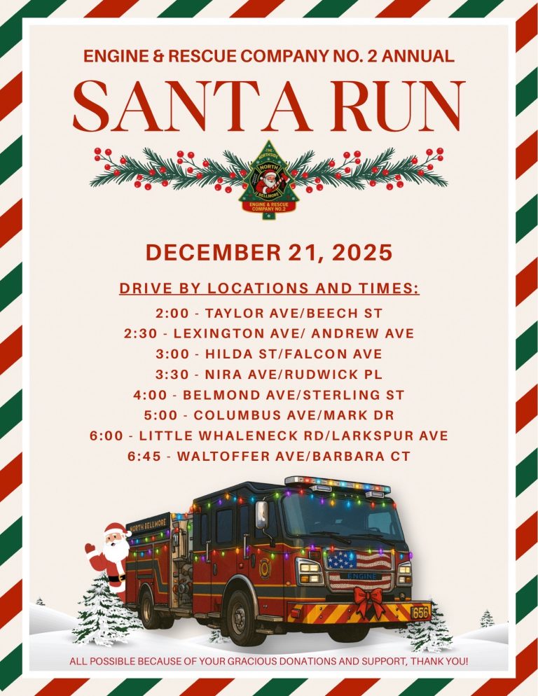 Festive flyer for Engine & Rescue Company No. 2 Annual Santa Run on December 21, 2025, listing drive-by locations and times, with a decorated fire truck and Santa waving in front.