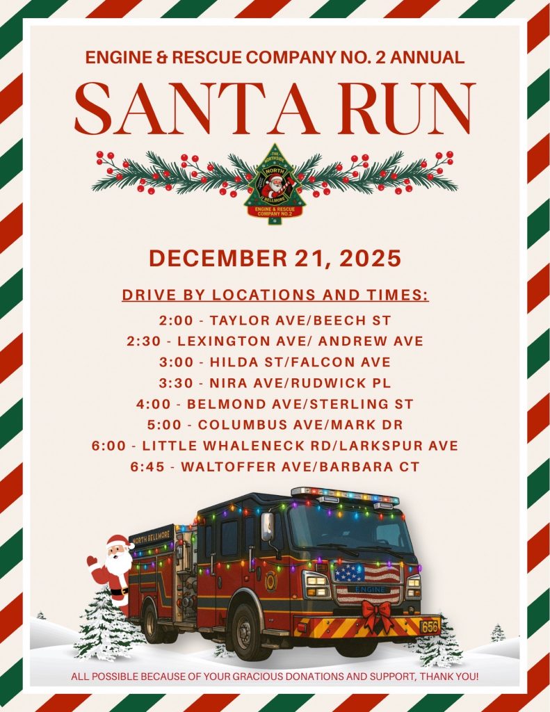 Festive flyer for Engine & Rescue Company No. 2 Annual Santa Run on December 21, 2025, listing drive-by locations and times, with a decorated fire truck and Santa waving in front.